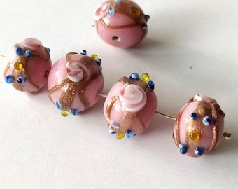 5 pink handmade Indian glass beads