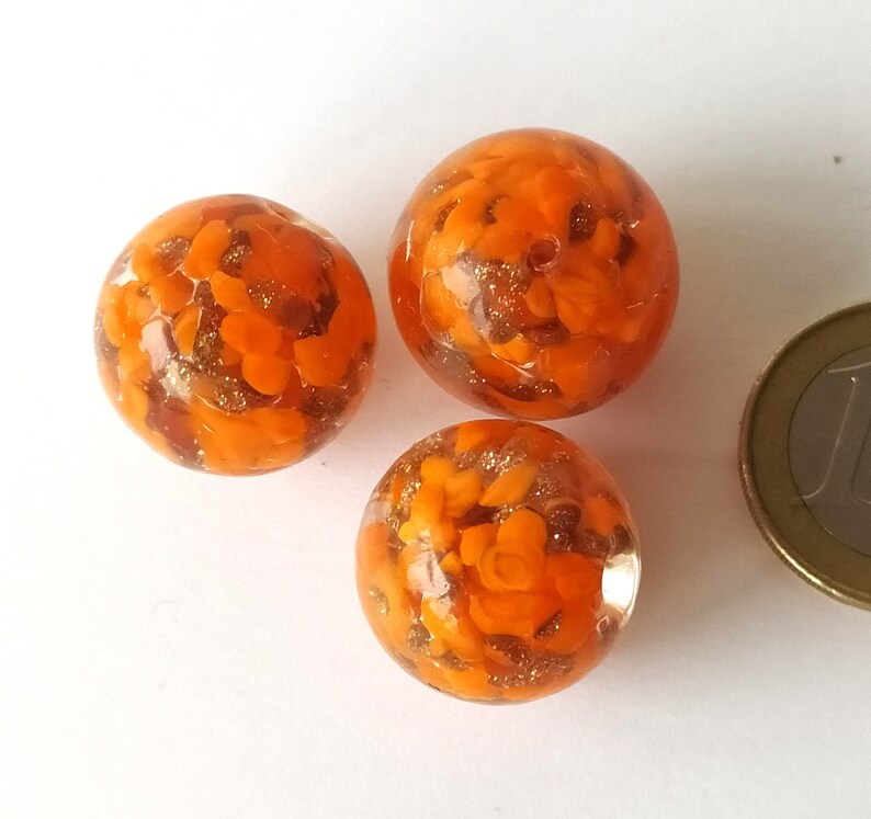 3 large handmade orange ball bead image 2