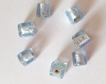 7 light blue handmade cube beads from India