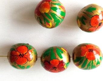 5 hand painted wooden beads