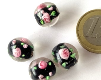 4 black ball beads with roses inside