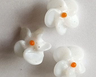 3 antique white handmade glass flower beads