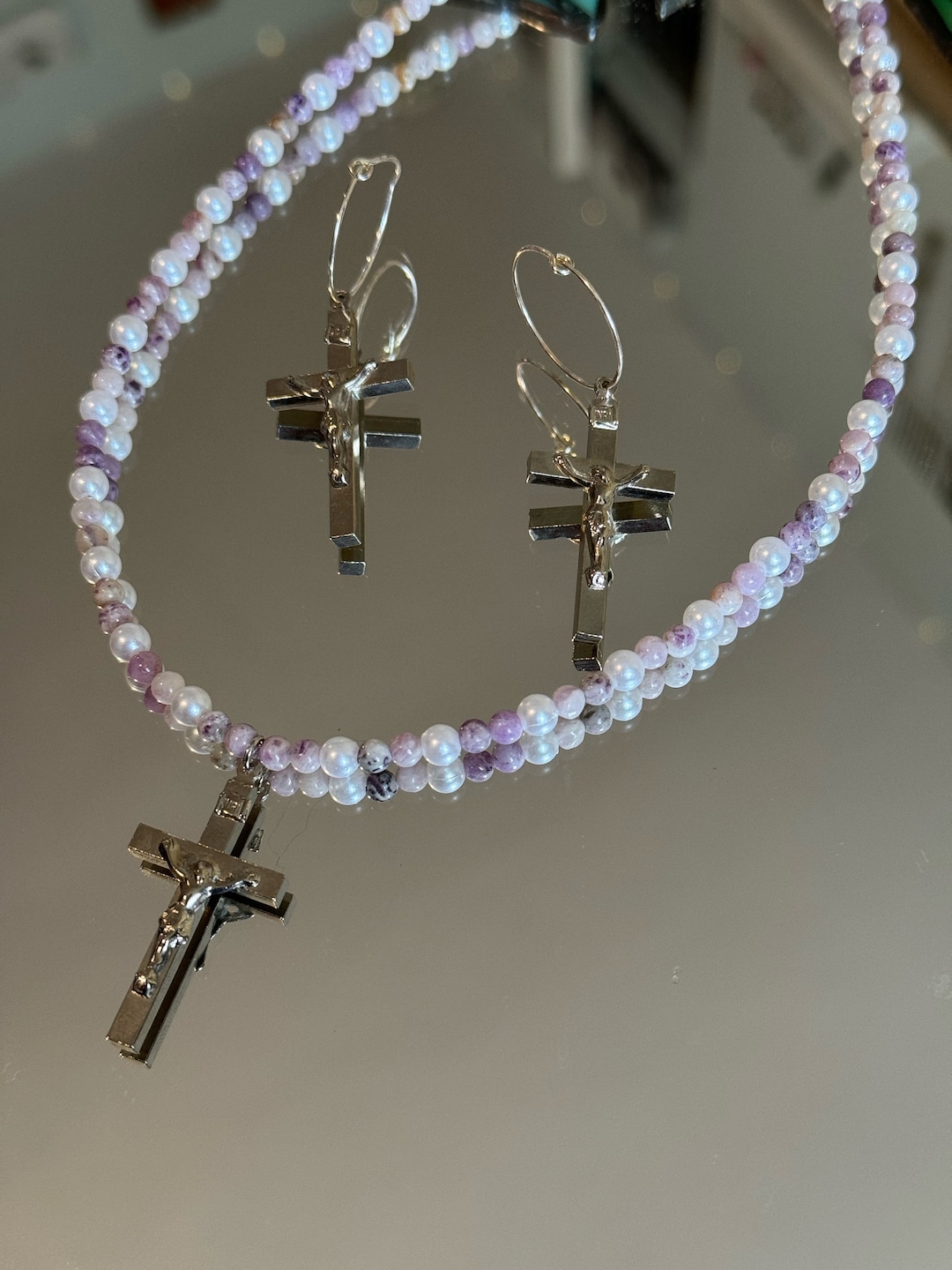Long Gray Bead Style Necklace with Silver Cross Pendant