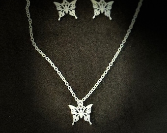 silver butterfly necklace set