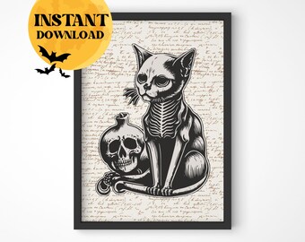 Art mural squelette de chat | Halloween Imprimable, Décor effrayant, Illustration en téléchargement numérique, Affiche imprimable, Décor Dark Academia