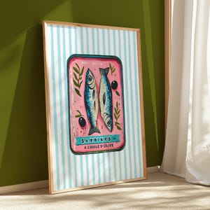 Arte murale rosa con sardine in scatola / Arte murale con pesce, opera d'arte digitale scaricabile, poster stampabile, stampa estetica alla moda