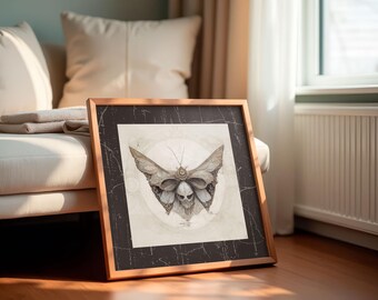 Impressão artística de mariposa steampunk – Ilustração de inseto no estilo Dark Academia com detalhe de crânio