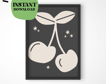 Retro Cherry Wall Art | Retro Download Artwork, Printable Poster, Trendy Aesthetic Print, Black & Tan