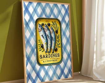 Vintage Sardinen Dose Druck: Blau karierte Küchen Wand Kunst (Digitaler Download)