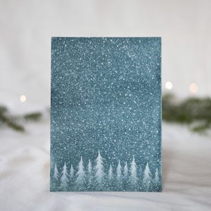 Tarjeta de bosque nevado, noche de invierno, tarjeta de Navidad, vacaciones