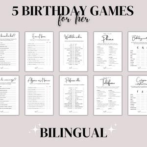 Fiesta de cumpleaños para ella juegos BILINGÜE español descargas digitales modernas 21 30 40 50 juegos de cumpleaños para adultos juegos imprimibles para ella