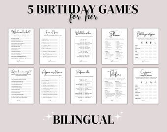 Birthday Party for her games BILINGUAL spanish digital downloads modern 21st 30th 40th 50th adult birthday games printable games for she