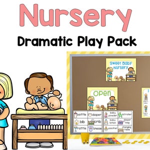 Könnte beinhalten: Eine braune Pinnwand mit gelbem Rand und einem gelben und weißen gestreiften Hintergrund. Die Pinnwand hat eine Vielzahl von bunten Karten mit Bildern und Texten zum Thema Kinderzimmer. Der Text auf den Karten lautet "Sweet Baby Nursery", "Open", "I Can:", "bottle", "diaper", "baby powder", "stroller", "bib", "crib", "baby lotion", "diaper bag", "rattle", "onesie", "pacifier", "changing table".