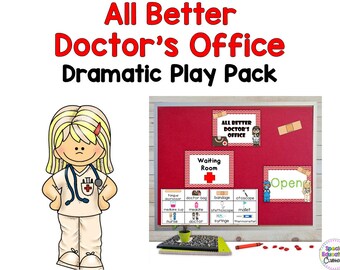 May include: A red bulletin board with a white border and a white frame. The bulletin board has a variety of colorful signs and images related to a doctor's office. The signs include "All Better Doctor's Office", "Waiting Room", and "Open". There are also images of a doctor, a stethoscope, a bandage, and a thermometer. The bulletin board is a great way to create a fun and engaging learning environment for children.