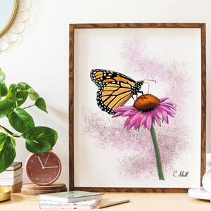 Butterfly on Flower wall art for bedroom, office, kid&#39;s room, nursery, printable digital wall art, beautiful butterfly on pink flower