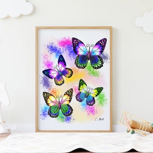 May include: A framed print featuring four colorful butterflies with a watercolor-like background. The butterflies are purple, green, yellow, and blue. The print is signed "C. Shell".