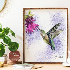 Hummingbird and flower wall art for bedroom, hallway, entry way, guest room, family room, digital art ready to print, beautiful watercolor..