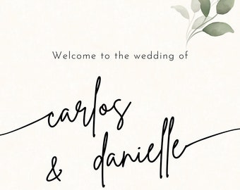 Pode incluir: Placa de programa de casamento com os nomes "Carlos & Danielle". O itinerário inclui detalhes da cerimónia, hora do cocktail, recepção, jantar e música e dança. Fundo claro com detalhes de folhas verdes.