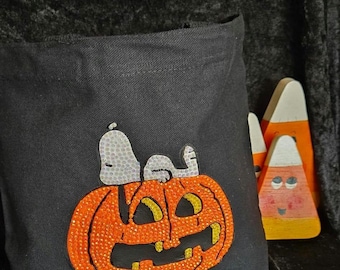 Snoopy Pumpkin Halloween Bedazzled Tote Bag