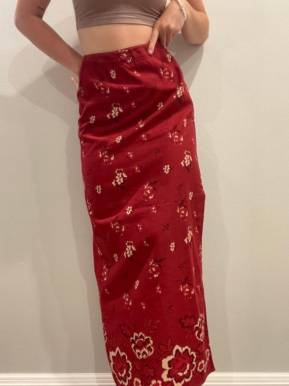Vintage Red Linen Maxi Floral Wrap Skirt