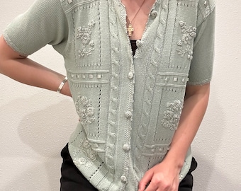 Vintage Womens Sage Green Embroidered Top