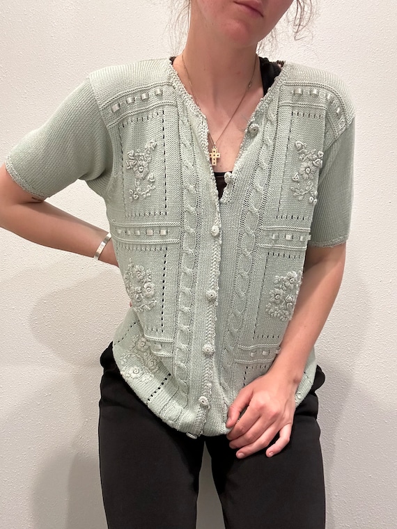 Vintage Womens Sage Green Embroidered Top