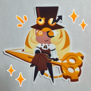 May include: A sticker featuring a cartoon character with blonde hair, wearing a brown top hat and a white shirt with a brown vest. The character is sitting on a golden-yellow object. Orange star and swirl accents surround the character.