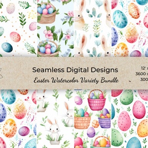Easter Digital Seamless Paper Watercolor Spring 12 PNG Repeating Easter Eggs Easter Baskets Spring Holiday Cute Bunnies Easter Bunny Rabbit