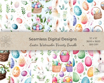 May include: A set of four digital seamless patterns featuring watercolor illustrations of Easter eggs, bunnies, and baskets. The patterns are 12 inches by 12 inches and 300 DPI.