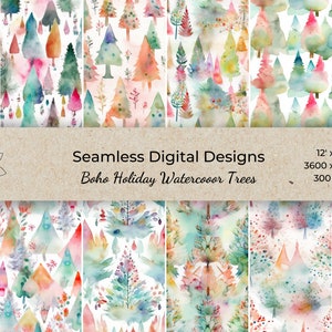 Modern Boho Tree Watercolor Digital Papers Muted Holiday Christmas Colors Scrapbook Papers Seamless Pattern Digital Background Tumbler Wrap