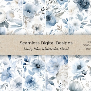 Dusty Blue Floral Digital Paper Wyciszone kwiaty akwarelowe Papier do scrapbookingu Bezszwowy wzór Cyfrowe tło Hortensja PNG