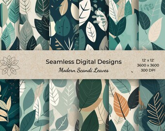 Scandi Leaf Digital Paper, Boho Seamless Pattern (Digital Download)