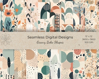 Groovy Boho Digital Paper Set, Seamless 70s Patterns (Digital Download)
