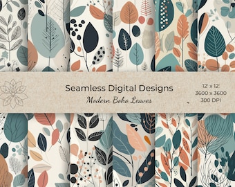 Boho Leaf Digital Paper, Seamless Foliage Pattern (PNG)