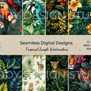 Carta digitale giungla tropicale Carta per album ad acquerello selvaggio Modello senza cuciture Sfondo per sublimazione Tiger Junk Journal Pappagallo Fauna selvatica