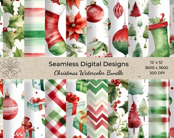 Papel digital de acuarela navideño / Patrones navideños sin costuras (descarga digital)