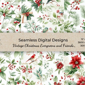 Vintage Christmas Greenery and Friends Watercolor Digital Papers Holiday Scrapbook Papers Seamless Pattern Digital Background Tumbler Birds