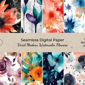 May include: A set of 12 digital papers featuring vibrant watercolor floral patterns in various colors, including teal, orange, pink, purple, and blue. The papers are seamless and measure 12 inches by 12 inches at 300 DPI.