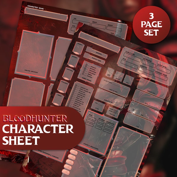 DnD 5E Bloodhunter Character Sheet Digital Download, Dungeons and Dragons RPG, Editable Bloodhunter Class, GM Gift, DM Tools