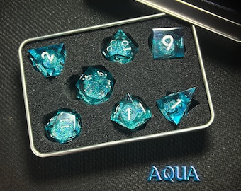 Quicksand Liquid Core Dice Set | Sharp Edge Aquamarine DnD Dice | Handmade Polyhedral RPG Dice for Tabletop Games