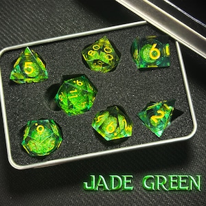 Quicksand Jade Green Liquid Dice Set | Sharp Edge Handmade Resin DnD Dice | Polyhedral RPG Dice for Tabletop Games