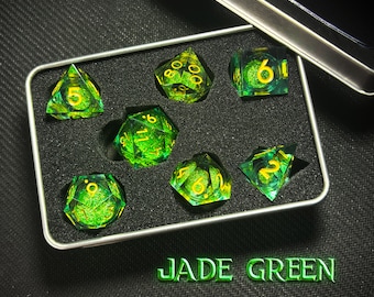 Quicksand Jade Green Liquid Dice Set | Sharp Edge Handmade Resin DnD Dice | Polyhedral RPG Dice for Tabletop Games
