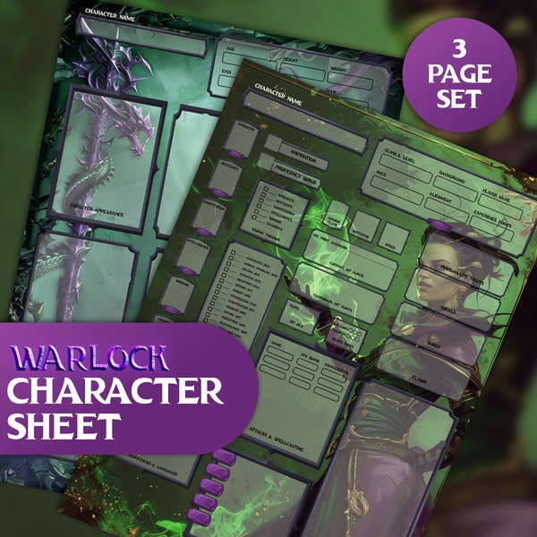 DnD 5E Warlock Character Sheet Digital Download, Dungeons and Dragons RPG, Editable Warlock Class, GM Gift, DM Tools