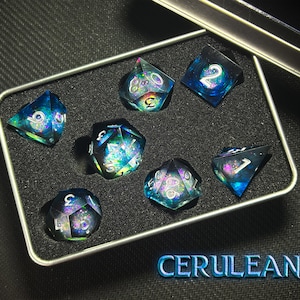 Quicksand Cerulean Liquid Core Dice Set: Sharp Edge Resin DnD Dice