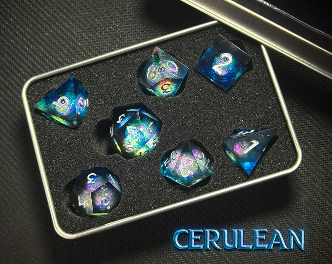 quicksand-cerulean-liquid-core-dice-set-sharp-edge-resin-dnd-dice-etsy