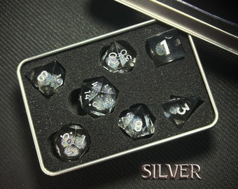 Quicksand Silver Liquid Dice Set | Sharp Edge Handmade Resin DnD Dice | Polyhedral RPG Dice for Tabletop Games
