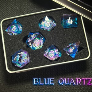 Quicksand Blue Quartz Liquid Dice Set | Sharp Edge Handmade Resin DnD Dice | Polyhedral RPG Dice for Tabletop Games