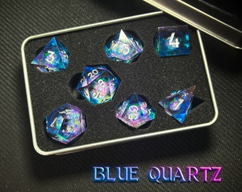 Quicksand Blue Quartz Liquid Dice Set | Sharp Edge Handmade Resin DnD Dice | Polyhedral RPG Dice for Tabletop Games