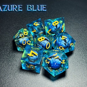 Dragon’s Eye Azure Blue Liquid Dice Set | Sharp Edge Handmade Resin DnD Dice | Polyhedral RPG Dice for Tabletop Games