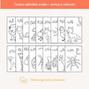 Cartes à colorier – Alphabet arabe avec animaux – PDF à imprimer – 1 lettre, 1 animal, 1 coloriage – Apprentissage ludique